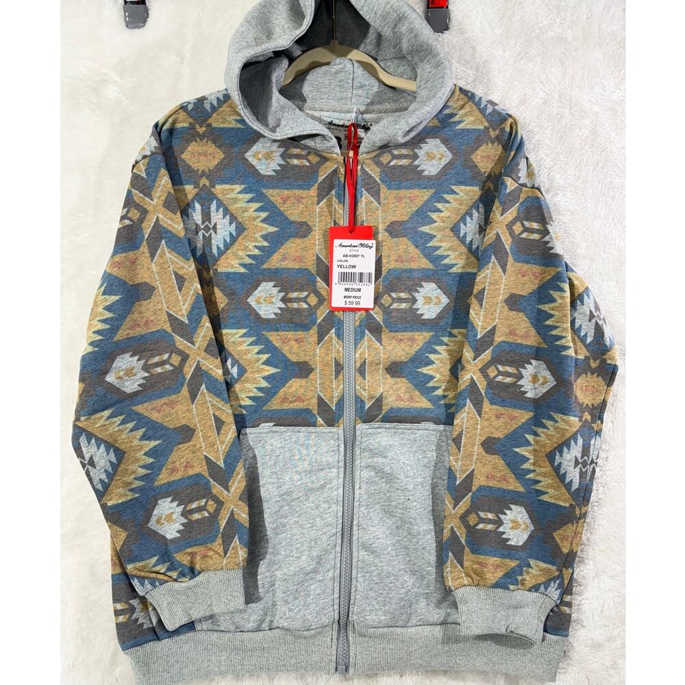 American Bling Aztec Distressed Full-Zip Hoodie Size M  NWT Yellow/Blue